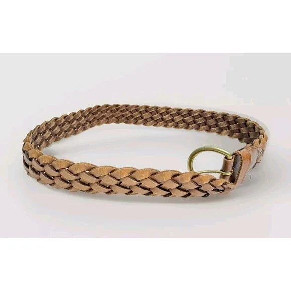 LL BEAN Braided Weaved Brown Leather Belt Solid Brass Buckle F817 32 - Picture 5 of 5